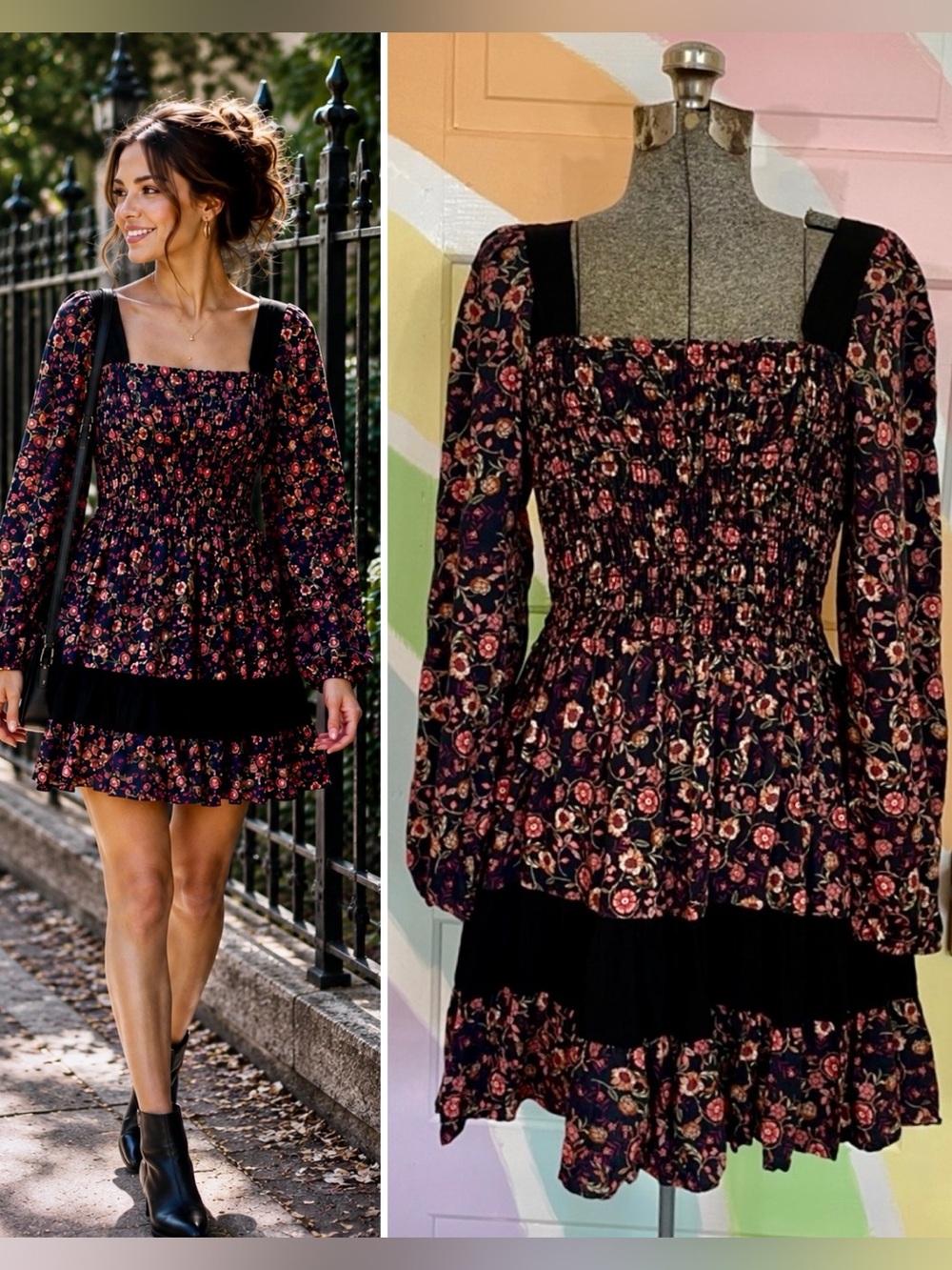 Self Contrast Floral Square Neck Smocked Full Long  Sleeve Mini Dress Sz S 💚🎀